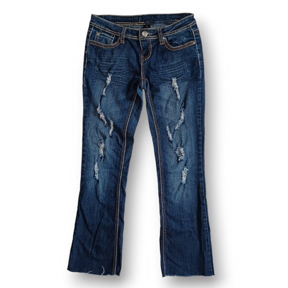 Soundgirl Jeans Bootcut Crop Raw Hem Low Rise Distressed Embellished Size 5 - Picture 1 of 12
